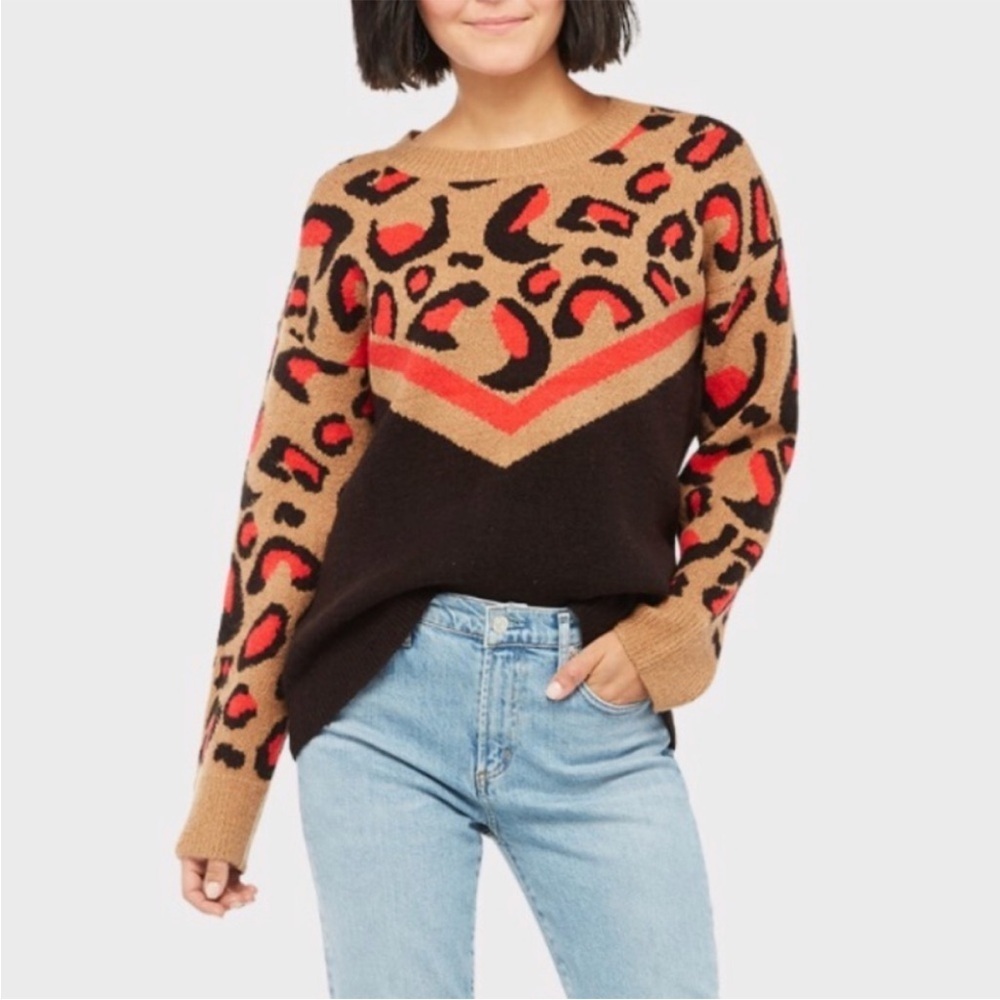 NWT Evereve Peyton Jensen Black Tan Red Chevron Leopard Print Sweater size Large